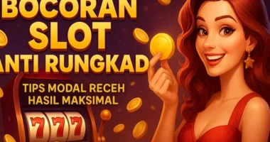 Ilustrasi 3D slot online bertema Bocoran Slot Anti Rungkad dengan simbol jackpot, scatter, dan koin emas berkilau.